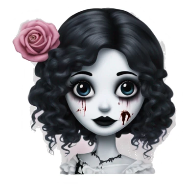 PINK LANDSCAPE PICTURE WITH FRAME: full height, tim burton "corpse bride", porcelain doll with a cracked face, goth makeup watery eyes, long hair, lace and ruffles, lolita style, inked, black and white, red roses sticker