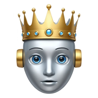 silver robot with blue eyes with golden crown sticker