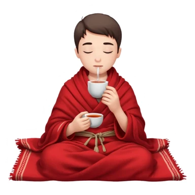 A European boy is sitting wrapped in a red blanket, drinking tea with his eyes closed. sticker