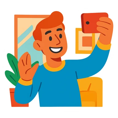 smiling guy taking a selfie indoors, vibrant and friendly style sticker