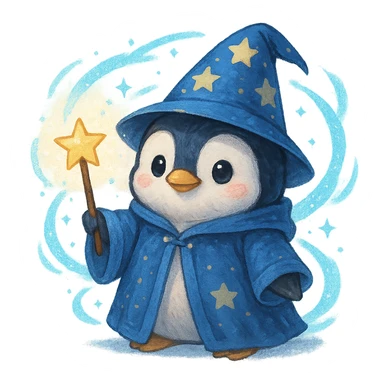 cute penguin wizard with a star-tipped wand, blue robe, magical aura sticker