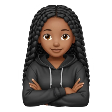 African American dark skin girl with long black box braids wearing a plain black hoodie  with arms folded across chest sticker
