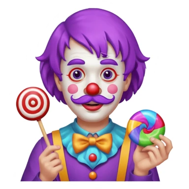 Funny clown — purple wig, mustache, candy in hand sticker