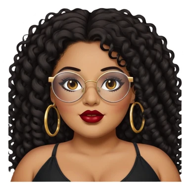 big plus size, latina, darker tan skin, gold hoops, long black curly hair, baddie,pretty, makeup, dark red lipgloss, black eyeliner, long hair, black top, black glasses sticker