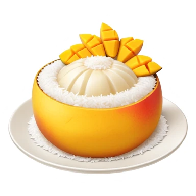 cinematic-realistic-mango-sticky-rice-dessert-emoji,-showcasing-sweet-sticky-rice out of a mould-paired-with-ripe-mango-slices-and-coconut-milk-rendered-with-lifelike-detail-and-warm,-inviting-lighting with the coconut  milk over the rice sticker