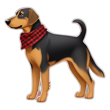 adult 75% Coonhound 25% German Shepherd mix dog with visible tail wearing small pointed red buffalo plaid bandana full body walking left quickly sticker