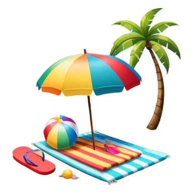 Icon for Beach Tourism: a sun umbrella, beach ball, flip-flops, and a beach towel on the sand, with the ocean and palm trees in the background. The icon should represent relaxation and fun at the beach. Transparent background. sticker