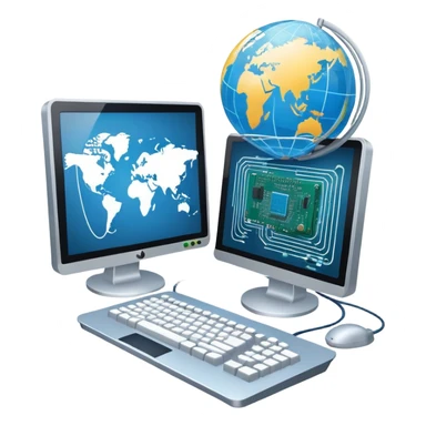 An icon featuring a computer monitor displaying code, a globe with network nodes, and a circuit board, symbolizing IT. The design includes data streams, cloud storage, and a keyboard, representing digital innovation, connectivity, and problem-solving. Transparent background sticker