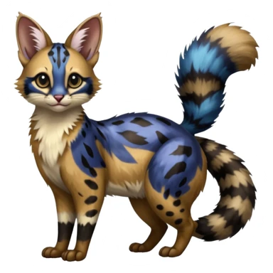  ink-black fur laced with oil-slick bronze and abyssal cobalt runes fur with random dark markings beautiful elegant pretty precious cute  Fakémon-Pokémon-opossum-feline-serval-caracal-chinchilla-Furret-Minccino-hybrid-creature with a big fluffy bushy tail (full body) sticker