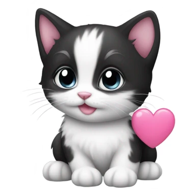 black and white kitten with pink heart sticker