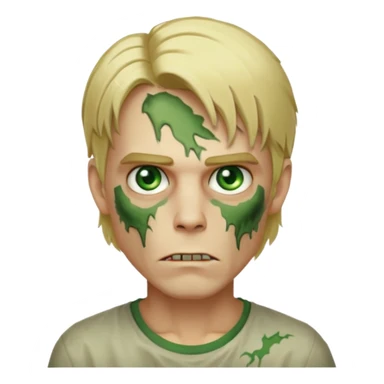 handsome male zombie with blonde mid-length hair and green eyes, facing forward, iOS-style emoji sticker