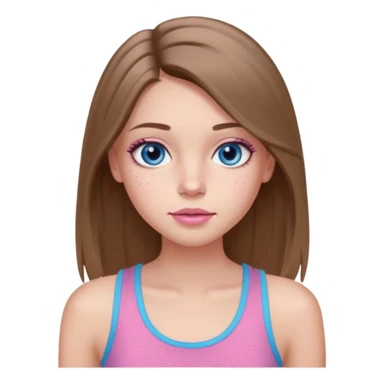 Create a TEENAGE girl with LONG and straight light brunette hair with a middle part, light skin, light freckles, and blue-gray eyes. She will have pink lips and LONG eyelashes. She will be wearing a light pink tank top sticker