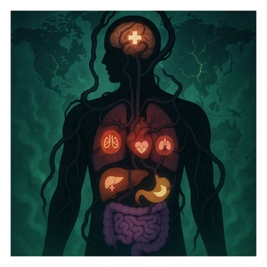 semi-realistic, medical-fantasy style human silhouette, parasite tendrils reach organs, each organ with a colored glow and a small medical icon, world map, glowing cracks, green mist sticker