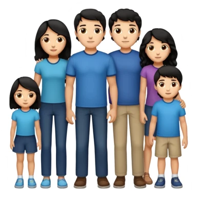 Hispanic family of five standing together: mom with long straight hair, dad with short curly hair, two boys with matching short hair, and a girl with long straight hair sticker