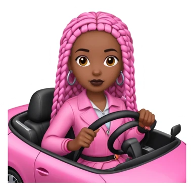 A dark-skinned Black woman with black box braids, driving a pink car sticker