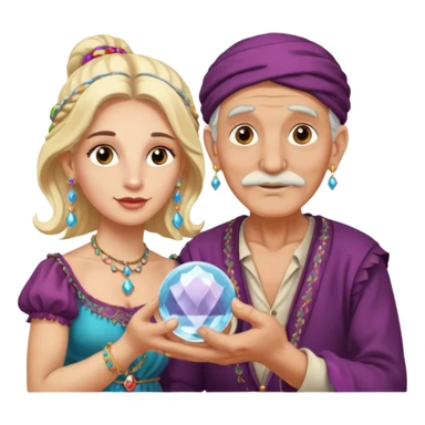 Elderly cleanshaven male gypsy with earrings and blonde female gypsy holding a crystal ball sticker