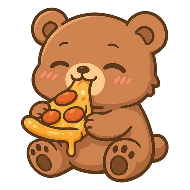 Transform the anime style bear eating pizza into chibi style with exaggeratedly cute proportions, keeping no background. Maintain the anime aesthetic while emphasizing cuteness and chibi proportions. sticker