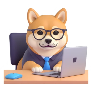 shiba inu with eye glasses and computer sticker