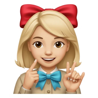 Cara sonriendo con un lazo y una mano mordiendose un dedo sticker