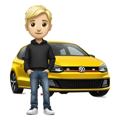 Blonde boy standing with Volkswagen polo GTI with gold alloys sticker