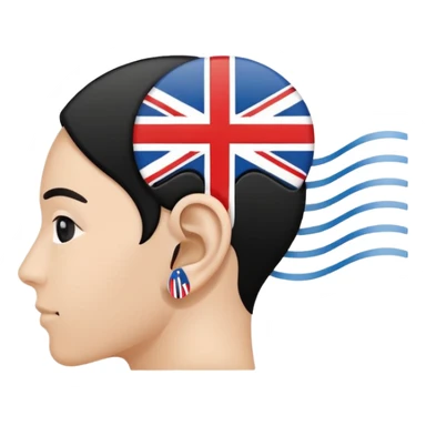 Minimalistic flat vector icon, iOS style, thin black contour on white background. Ear icon with sound waves and small UK/USA flag symbol. Clean, no text, no shadows sticker