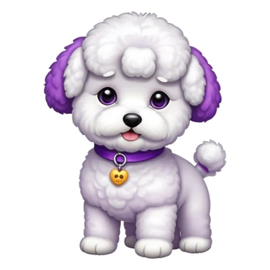 White Bichon wearing purple sticker
