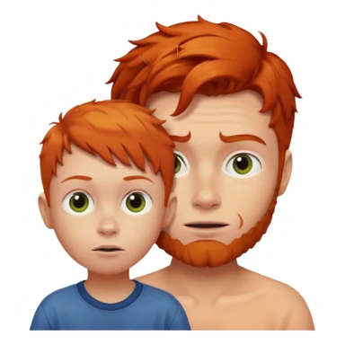 A weird red head ginger with baby oil looking at a little boy sticker
