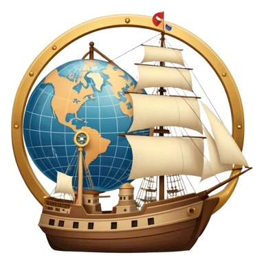 Icon for Historical Movies: Age of Great Geographical Discoveries. A vintage movie poster-style design with a sailing ship, a compass, and a globe. Include explorers with maps, sea waves, and distant lands in the background. Retro cinematic style. Transparent background. sticker