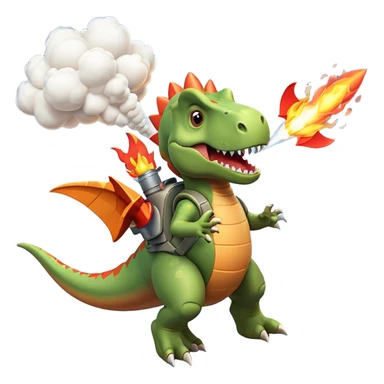 rocket-propelled dinosaur character, cute T-rex, rocket pack on its back, flames and smoke trail, dynamic flying pose, 3D cartoon, mobile game icon style, clean background, no text, no watermark
 sticker