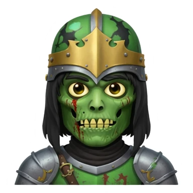 a male with long black rough hair wearing a knight helmet with green zombie skin sticker