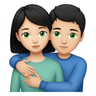 Make a couple hugging the girl is white with black hair with blue eyes hugging a boy with lightbrwn short hair with green eyes  sticker