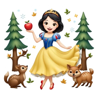 Cinematic Playful Snow White Portrait Emoji, Laughing while dancing with woodland animals, dress twirling gracefully, a whimsical sparkle in her eye, radiating charm and pure delight! sticker
