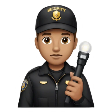 A vigilant male security guard wearing a black jacket, a baseball cap the word ‘SECURITY’  on it, He holds a flashlight , no police uniform, no badge sticker