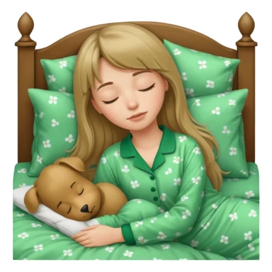 Young woman with long dark blond hair and a bang sleeping in bed  with green pyjama sticker
