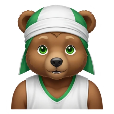 Cute brown bear with green eyes shown up to shoulders, wearing a white durag and black basketball jersey, visible upper chest and shoulders, iOS emoji style sticker
