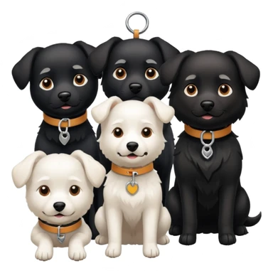 Four white dogs hanging a black dog with a collar sticker