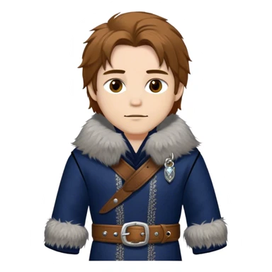 Medieval winter outfit worn by a DnD themed fantasy male character. Midnight blue felted wool tunic with silver fox fur collar, embellished with ornate metal clasps and a thick leather belt with decorative stitching. Clothes only above the waist, full waist coverage. The character has no arms. Character is white-skinned with honey brown hair, amber eyes, and shoulder-length straight hair with winter-weathered ends. sticker