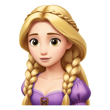 Cinematic Realistic Rapunzel Portrait, with porcelain-like skin featuring a subtle, natural glow, illuminated by soft lighting that brings out the gentle contours of her face. Her long, golden blonde hair cascades in detailed waves, each strand highlighted with a radiant shimmer as it catches the light. Her bright, expressive green eyes exude curiosity and warmth, framed by delicate lashes and soft, arched brows. Her expression is playful and vibrant, with a gentle smile. She is dressed in her classic lavender and pink gown, the fabric textured with delicate folds that flow naturally, catching the light with a soft, radiant glow. The portrait captures a luminous, enchanting aura, seamlessly blending realism with a whimsical, fairytale charm, evoking a timeless sense of beauty and magic. sticker