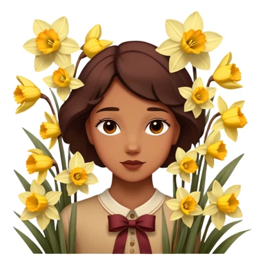Soft yellow daffodils intertwine with faded burgundy ribbons, as brown butterflies rest on their petals. A warm, golden haze enhances the nostalgic charm. sticker