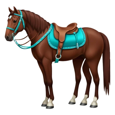 Dark chestnut horse with turquoise western tack full body standing still sticker