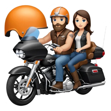 Harley Davidson road glide bearded bald blue eyes man  with brunette girl  pillion sticker