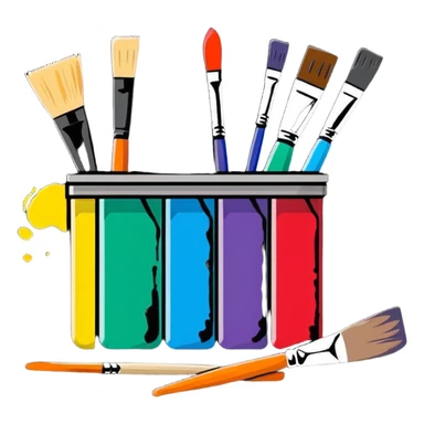 Artistic studio with paint splatters, paintbrushes, and creative tools sticker
