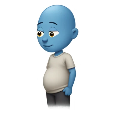 a blue skinned man with a stoic expression , pregnant, rubbing his belly. Bald. Side profile like the pregnant male emojji, cartoonishly simple face. sticker