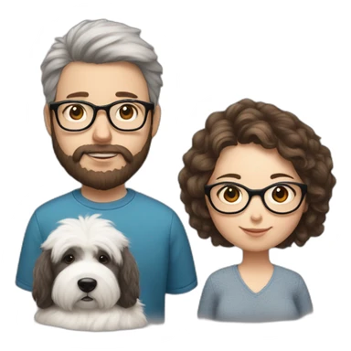 Hyperrealist pregnant girl with half long brown hair with glasses, a boy with long beard, glasses and short hair and english sheepdog sticker