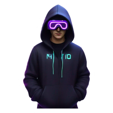 Russian man wearing a black hoodie with "OMG" letters on it and VR headset in a cyberpunk VR environment with violet neon lighting. sticker