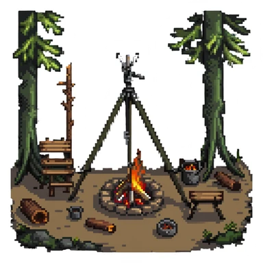 bushcraft wilderness campfire with tripod cooking setup and log seats sticker