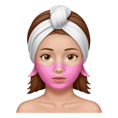 A woman with brown hair, a white towel wrapped around her head. Her face is covered with a pink skincare mask applied to the T-zone and cheeks sticker