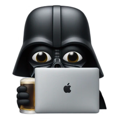 Dark vader holding a beer and a macbook sticker