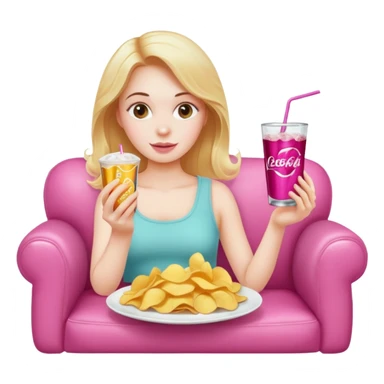 home white girl with plate of chips and soda drink, sitting at the pink sofa sticker