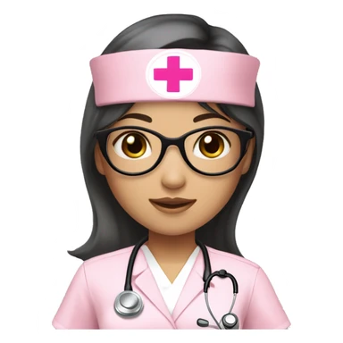 Asian girl (beige white skin tone) with circle silver glasses, hair bang and wavy long black hair , wearing a pink nurse uniform (scrub) with a stethoscope sticker